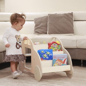 Bibliothèque enfant Montessori à roulettes, étagère à jouets BD pour chambre d'enfant, 4 étagères, jeux éducatifs en bois naturel image 1