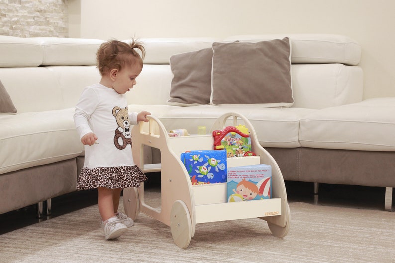 Bibliothèque enfant Montessori à roulettes, étagère à jouets BD pour chambre d'enfant, 4 étagères, jeux éducatifs en bois naturel image 1