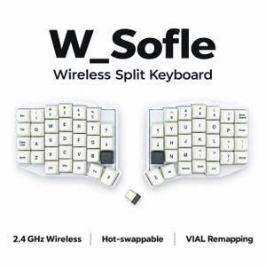 May include: A W_Sofle wireless split keyboard with white keycaps, black accent keys, and a small USB receiver. The text W_Sofle Wireless Split Keyboard, 2.4 GHz Wireless, Hot-swappable, and VIAL Remapping is printed in black on the white background.