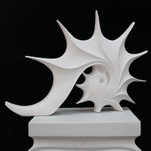 May include: White ceramic sculpture of a stylized seashell with a spiral design. The sculpture is on a white pedestal.