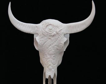 Dragon Carved Buffalo Skull Sculpture, Oriental Relief Animal Art for Gothic Wall Decor, Unique Faux Taxidermy, Statement Bookshelf Piece