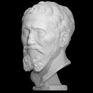 Pu&ograve; includere: Un busto in gesso bianco di un uomo con la barba e i capelli corti. Il busto &egrave; inclinato a sinistra e il viso dell'uomo guarda di lato.