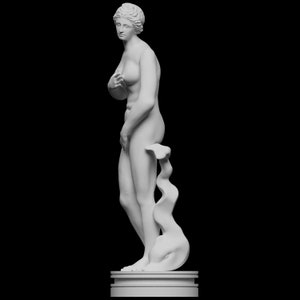 May include: White marble statue of a woman standing on a plinth. The woman is nude and has her hand on her chest. She is standing next to a stylised, abstract sculpture of a wave.