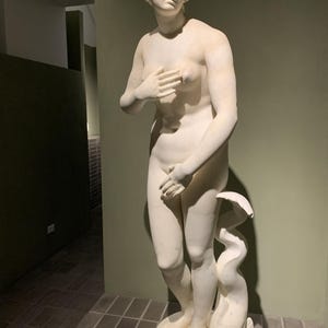 May include: A white marble statue of a woman standing with her right hand on her chest and her left hand on her hip. She is wearing a simple, flowing robe and has a serene expression on her face. The statue is standing on a pedestal with a dolphin at her feet.