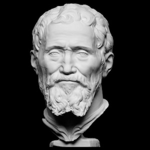 Pu&ograve; includere: Un busto in gesso bianco di un uomo con la barba e i capelli corti. Il busto &egrave; su un piedistallo bianco.