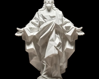 Geometric Jesus Statue, Low Poly Christ Sculpture, Modern Religious Art, Faceted Figurine, Minimalist Christian Decor, White 3D Print Style