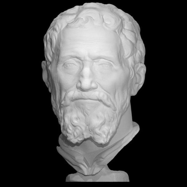 Pu&ograve; includere: Un busto in gesso bianco di un uomo con la barba e i capelli corti. Il busto &egrave; su un piedistallo bianco.