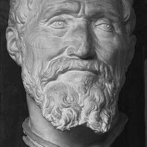 Pu&ograve; includere: Un busto in scultura in bianco e nero di un uomo con la barba e un'espressione seria. La scultura &egrave; realizzata in un materiale liscio e bianco ed &egrave; esposta su un piedistallo.