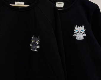 Cartoon Hoodies Black and White Dragon Matching Couple Embroidered Sweatshirts Anniversary Gift for Girlfriend Boyfriend