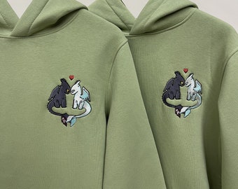 Black and White Dragon Matching Hoodies Cartoon Couple Embroidered Sweatshirts Anniversary Gift for Girlfriend Boyfriend