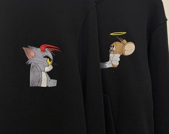 Chat mal et souris ange sweats à capuche brodé couple dessin animé animal drôle sweats assortis cadeau d'anniversaire pour petite amie petit ami