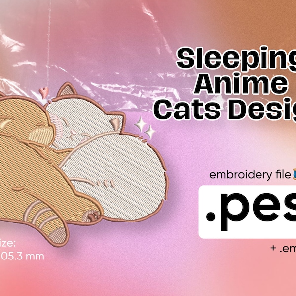 Anime PES EMB File Cat Couple Sleeping Hugs Embroidery Kit Meow Breed Cute Cartoon Animal Portrait Design Machine Pet Style Clothes