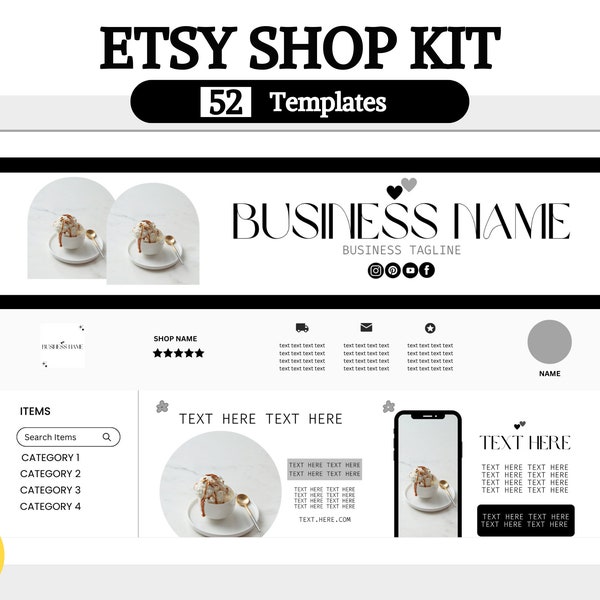 Etsy Shop Branding Kit Store White Grey Black Banner Design Canva Templates Banner Listing Cover Icons Receipt Elegant Feminine Formal Theme