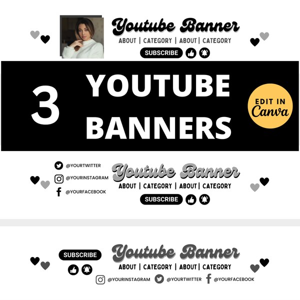 Youtube Banners Channel Art White Black Grey Retro Y2k 2000s Groovy Kawaii Cute Girly Feminine Branding Kit Canva Template Aesthetic Theme