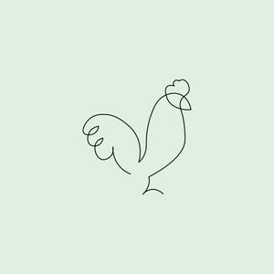 Könnte beinhalten: Eine einfache Linienzeichnung eines Hahns, eines gewöhnlichen Nutztieres, in Schwarz auf hellgrünem Hintergrund.