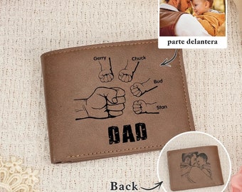 Personalized Dad and Kids Name Fist Photo Wallet,Engraved PU Leather Wallet,Father's Day Gifts for Men, Husband, Father, New Dad Gift