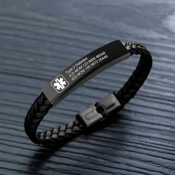 Bracelet d'alerte médicale personnalisé personnalisé pour homme, identification d'alerte médicale d'urgence étanche, bracelets en cuir PU pour adulte, cadeaux personnalisés