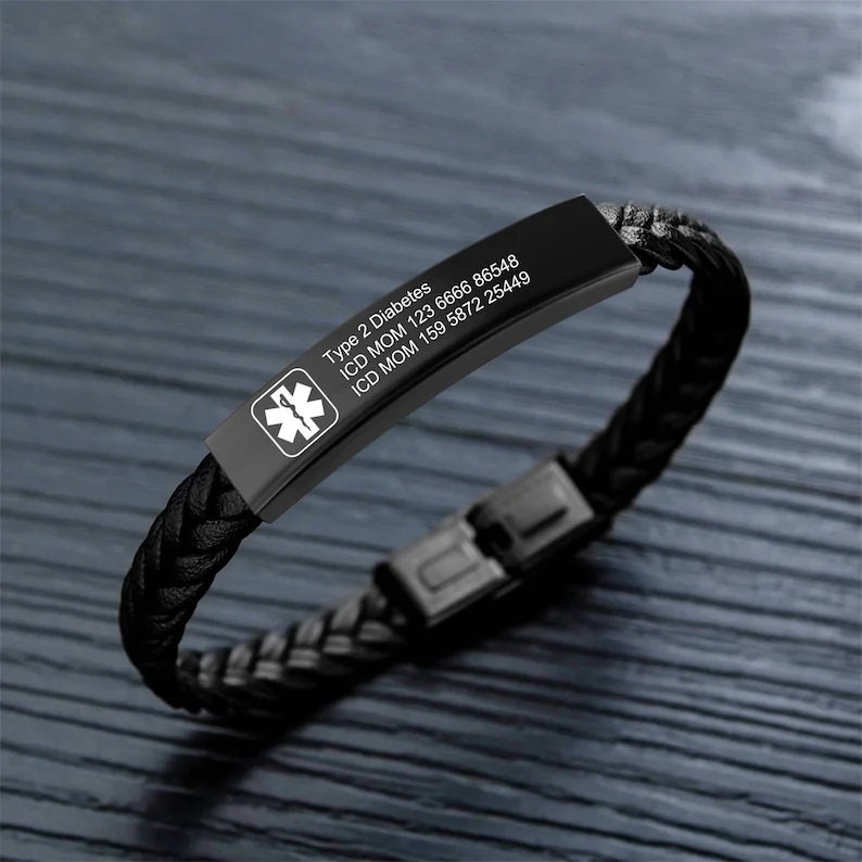 Personalized Custom Medical Alert Bracelet for Men Waterproof Emergency Medical Alert ID PU Leather Bracelets for Adult Personalized Gifts image 1