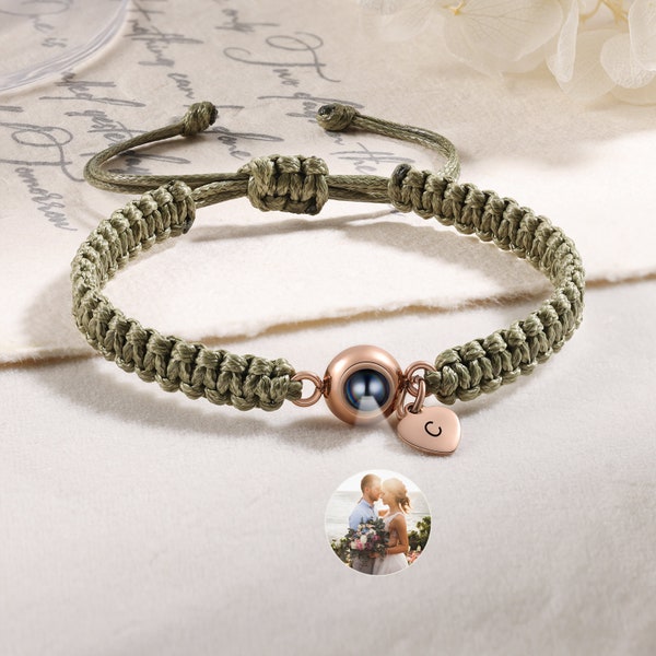 Personalized Photo Projection Bracelet,Braided Rope Bracelet,Memorial Bracelet,Engraved Letter Bracelet,Anniversary Gifts for Her