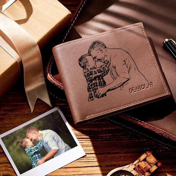 Portefeuille photo personnalisé gravé - Portefeuille homme personnalisé pour papa, grand-père, mari - Cadeau pour la fête des pères