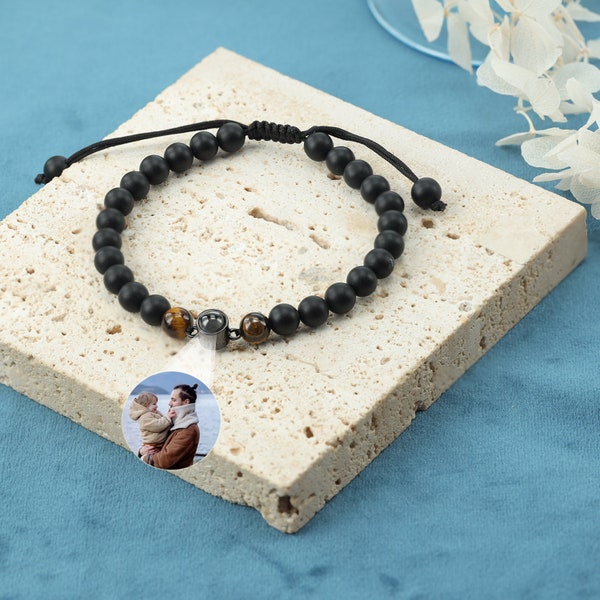 Personalized Photo Projection Bracelet • Picture Bracelet •Black Lava Stone Beaded Bracelet•Photo Memory Bracelet • Christmas Gifts