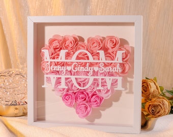 Engraved Flower Heart Shadow Box - Custom Mom Gift and Flower Box for Mom - Personalized Frame Gift for Mother's Day