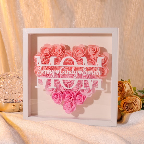 Engraved Flower Heart Shadow Box - Custom Mom Gift and Flower Box for Mom - Personalized Frame Gift for Mother's Day