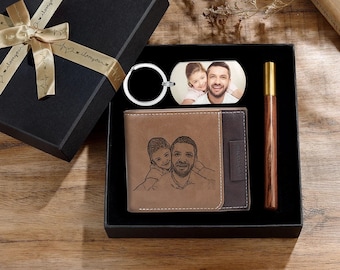 Custom Engraved Photo Wallet - Personalized Wallet,Keychain and Pen Gift Box Set For Dad, Grandpa, Husband - Father's Day Gift