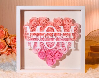 Engraved Flower Heart Shadow Box - Custom Mom Gift and Flower Box for Mom - Personalized Frame Gift for Mother's Day