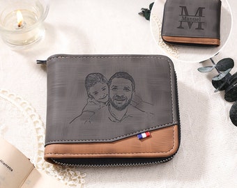 Portefeuille pour homme en cuir avec nom personnalisé avec lettre gravée et fente pour carte cadeau photo pour la fête des pères