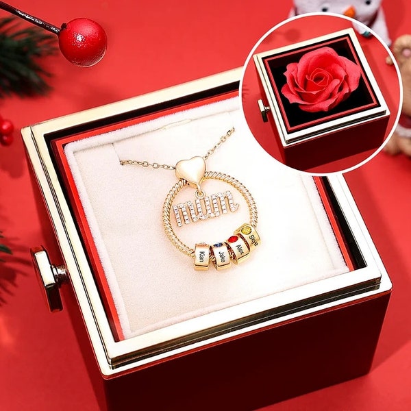Personalized Mum Circle Necklace Gift Set With Premium Rotating Rose Flower Gift Box-Custom Birthstones Pendant Necklace Gift For Mum
