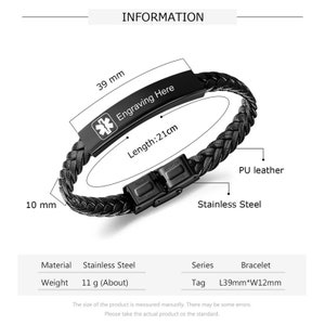 Personalized Custom Medical Alert Bracelet for Men Waterproof Emergency Medical Alert ID PU Leather Bracelets for Adult Personalized Gifts image 8