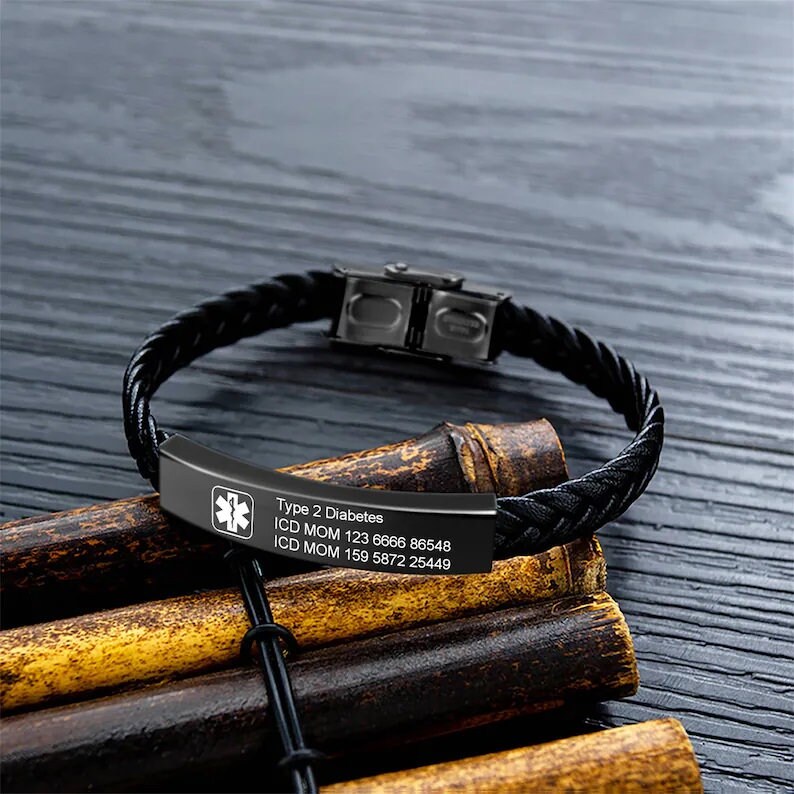 Personalized Custom Medical Alert Bracelet for Men Waterproof Emergency Medical Alert ID PU Leather Bracelets for Adult Personalized Gifts image 2