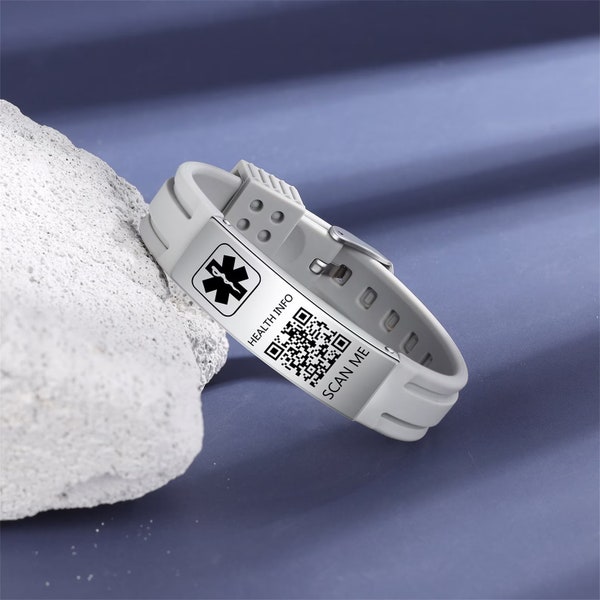 Custom QR Code Medical Alert Bracelet -Silicone Medical Bracelet for Women Men - Waterproof Bracelet - Adjustable Medical Bracelet