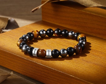 Personalized Tiger's Eye Stone Bead Bracelet,Custom 1-5 Name Engraved Bangle Bracelet for Him,Valentine's Day Gift