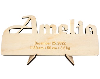 Personalized Baby Announcement Wooden Plaque With Custom Birth Stats, Name, Newborn Child Gift, Laser Cut Carved Sign