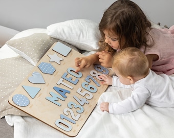 Personalized Name Puzzle with Numbers, Baby Birthday Gift, Montessori Toys, 1st Christmas Gift, Baby Shower Gift, Wooden Puzzle with Shapes