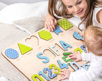 Personalized Name Puzzle with Numbers, New Born Gifts, Montessori Toys, 1st Christmas Gift, Baby Shower Gift, Wooden Puzzle with Shapes