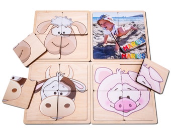 Personalized Wooden Jigsaw Puzzle For Baby With Photo And Animals, Educational Montessori Activity Board For Infant, Toddler, Gift