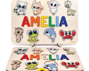 Custom Wooden Name Puzzle, Baby Toddler Name Puzzle, Personalized Puzzle with Animals, Montessori Toddler Learning Puzzle, Birthday Gifts