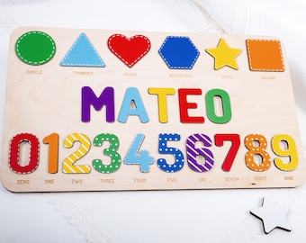 Wooden Rainbow Name Puzzle, Personalized Name Puzzle with Numbers and Shapes, Baby Name Puzzle for Toddler, 1st Birthday Gift for Grandson