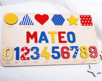 Toddler name personalized puzzle, Wooden name puzzle with NUMBERS, Baby name puzzle, Baby boy CHRISTMAS gift, Preschool Montessori puzzle