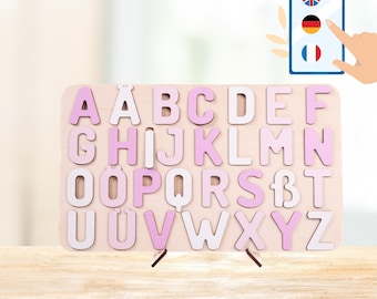 German & English Alphabet Wooden Board Puzzle for Montessori Learning - Baby's Birthday Gift, Montessori teaching, Board Puzzle with Letters