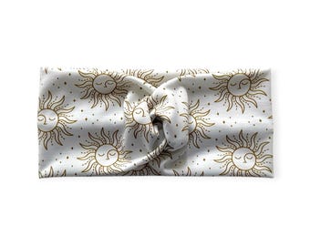 Golden Sun Twist Knot Headband: Celestial Print Stretch Headband