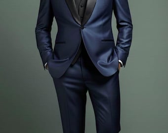 Men's Royal Blue Tuxedo Suit, Black Satin Lapel, 3 Piece Tailored Fit