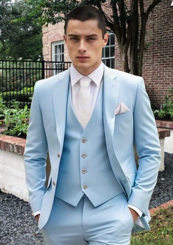 Men's Ice Blue 3 Piece Suit, Slim Fit Wedding, Prom Men's Ice Blue 3 Piece Suit, Slim Fit Wedding, Prom