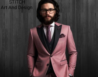 May include: A dusty rose suit with a black lapel and vest. The suit includes a matching tie and pocket square. The text "STITCH Art And Design" is in the upper left corner. The suit is tailored and worn by a person with glasses.