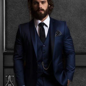 Men Blue Suit,Wedding 3 Piece Suits,Slim Fit 1 Button Party Wear Prom Suits gift for men Blue tuxedo double Brace Velvet vest.