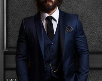 Men Blue Suit,Wedding 3 Piece Suits,Slim Fit 1 Button Party Wear Prom Suits gift for men Blue tuxedo double Brace Velvet vest.