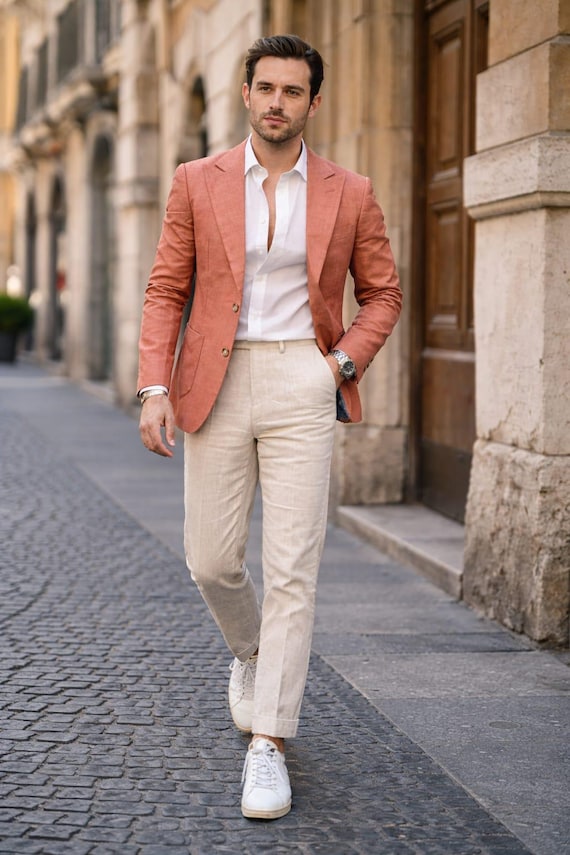 beige dress pants mens outfit Men's Burnt Orange Blazer with Trousers Neckline: Crew Neck This pair is woven Black Dark Fairy Tulle Men's linen size:UK 14